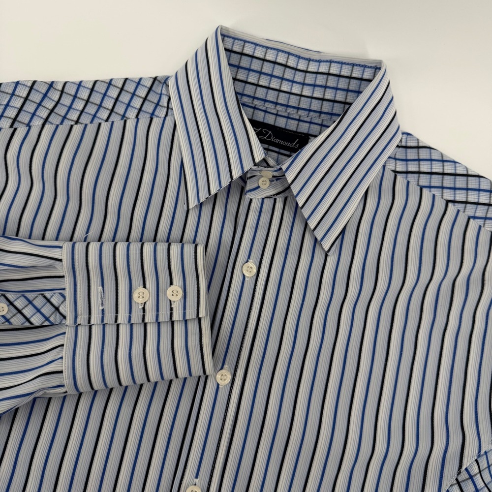 7 Diamonds Button Down Shirt Mens Medium Blue Striped Plaid Contrast Panel